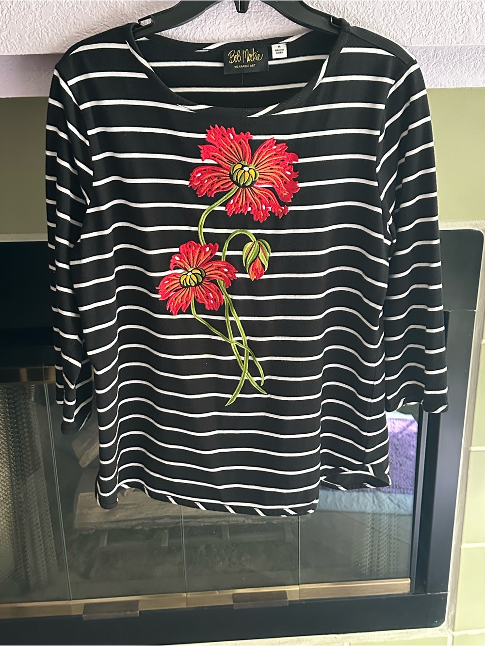 Bob Mackie Black and White Striped Long Sleeve Top with Red Floral Appliqué (M)